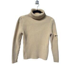 Y2K IZOD Butter Yellow Ribbed Cotton Turtleneck Sweater Utility‎ Arm Pocket